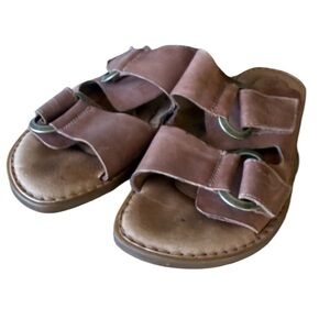 BORN ladies, flat, leather sandals, Belco Velcro fasten straps with gold 8